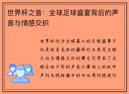 世界杯之音：全球足球盛宴背后的声音与情感交织